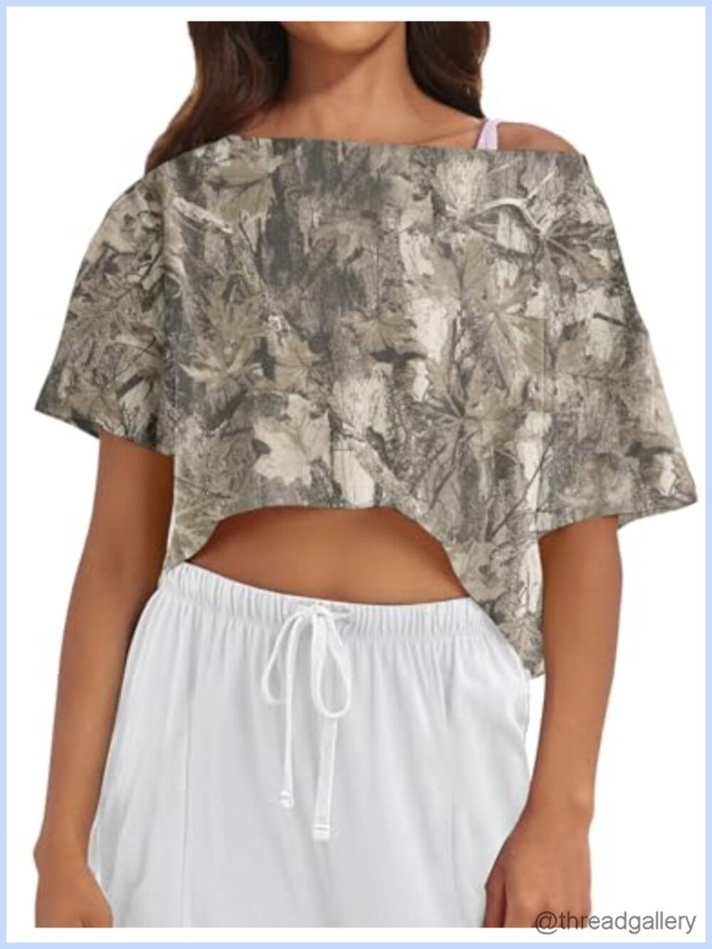 Womens Camo Off Shoulder Crop Top Boat Neck Short Sleeve Workout Tee